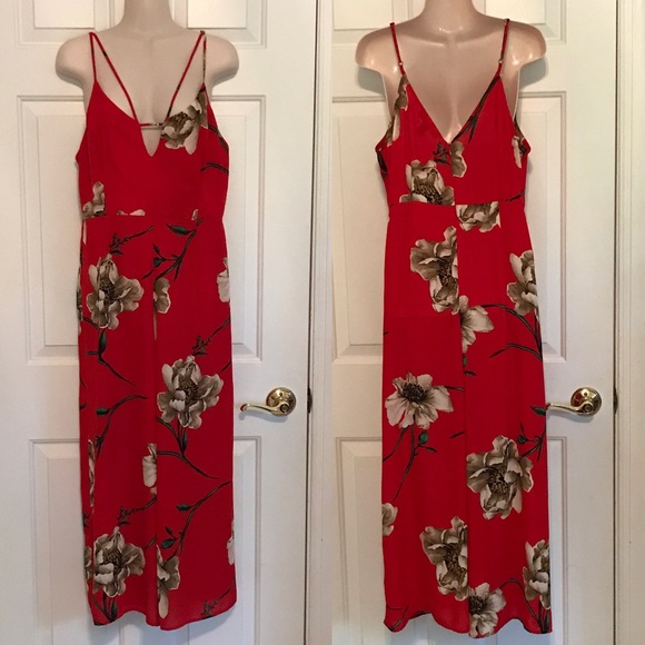 Forever 21 Pants - Forever 21 red floral print wide leg cropped jumpsuit